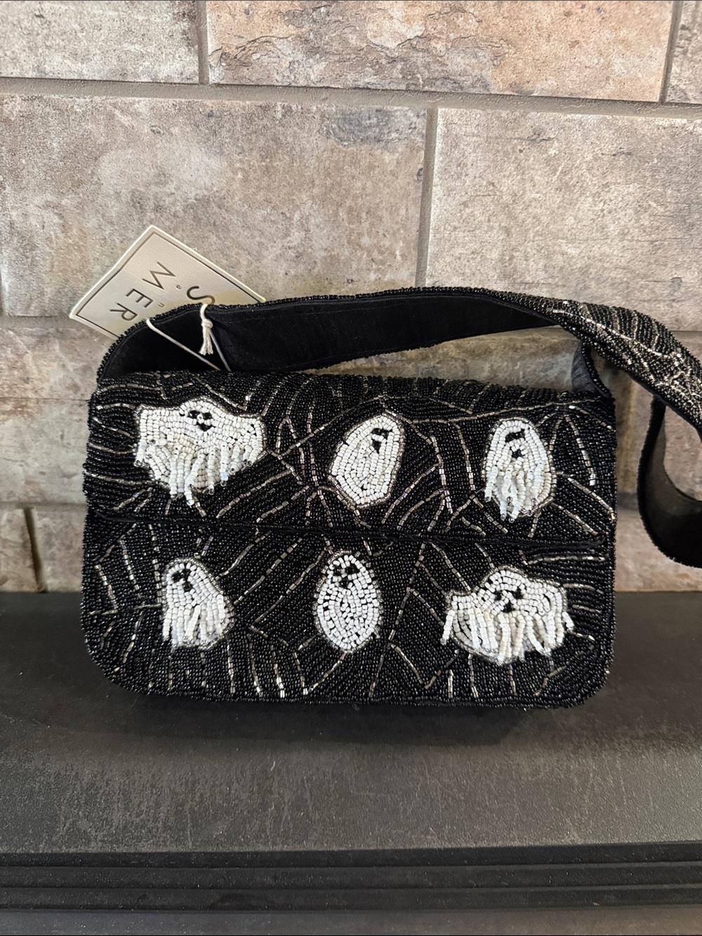 Beaded Black Ghost Motif Shoulder Bag